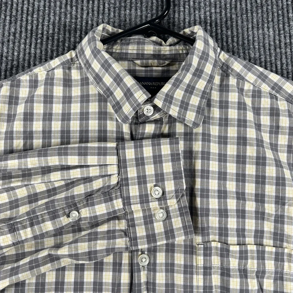Banana Republic Shirt Mens Size Large Yellow Gray Plaid Long Sleeve Button Up